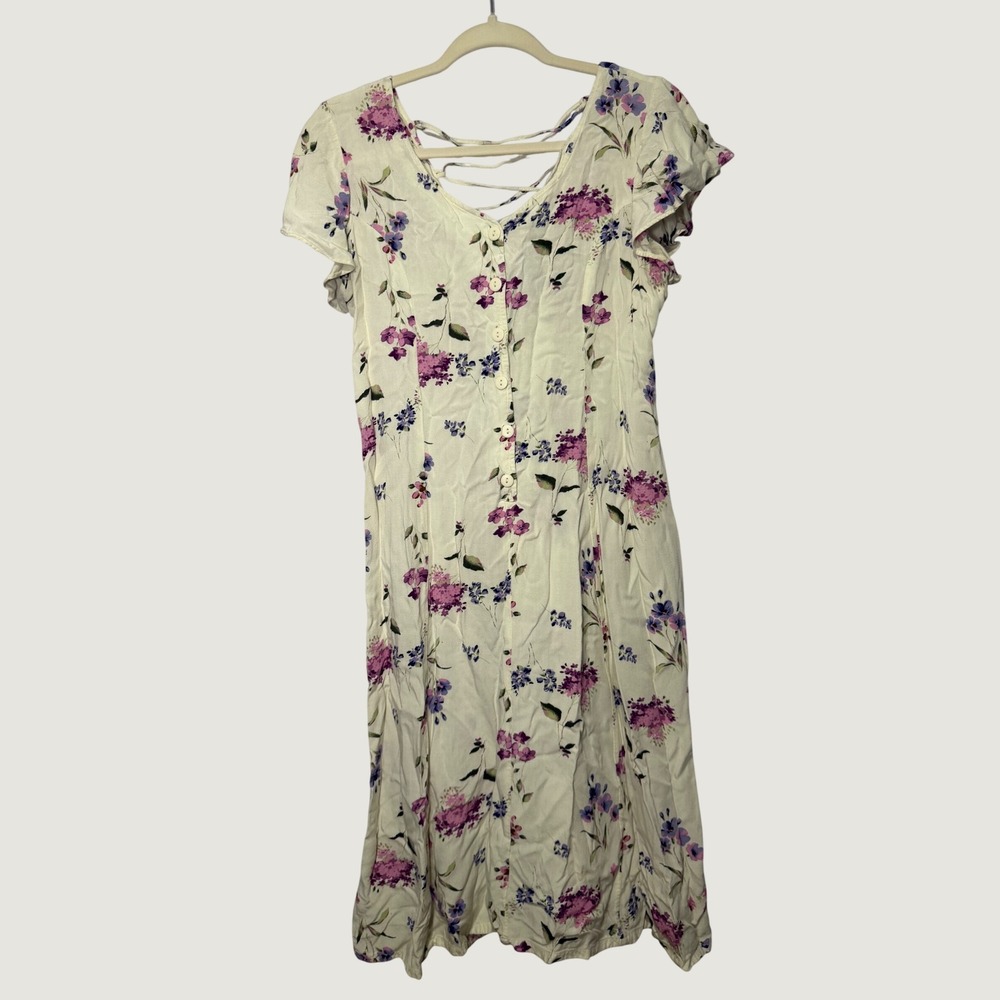 Vintage Bonnie Evans 90s Grunge Floral Dress Cream Purple Lace Up Back Midi L